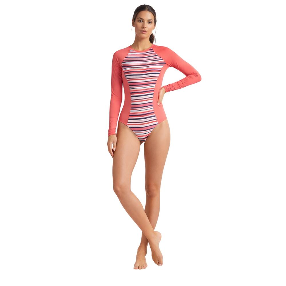 Lolë Long Sleeve Athletic Bodysuit Coral Stripe Zip Back Yoga Activewear M